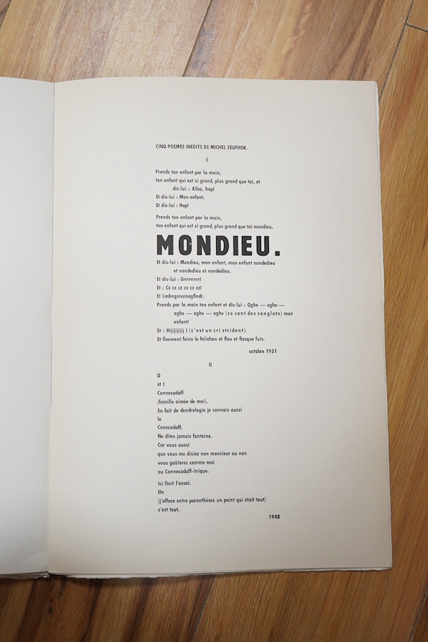 [Apr, Hans - Untitled volume] comprises: eight black figurative designs (six also being separately issued, loosely inserted) and a b/w plate; 11pp. text (including poems); a foreword signed Wilhelm Pferdekamp); plain whi